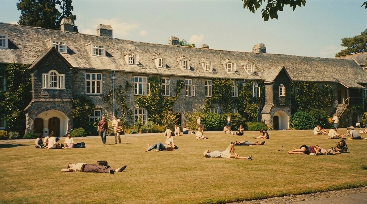 The lawn and buildings of the Dartington Summer School of Music
